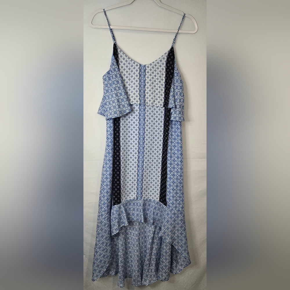 Kaari Blue High Low Dress with Black and Blue Patterns Petite Medium